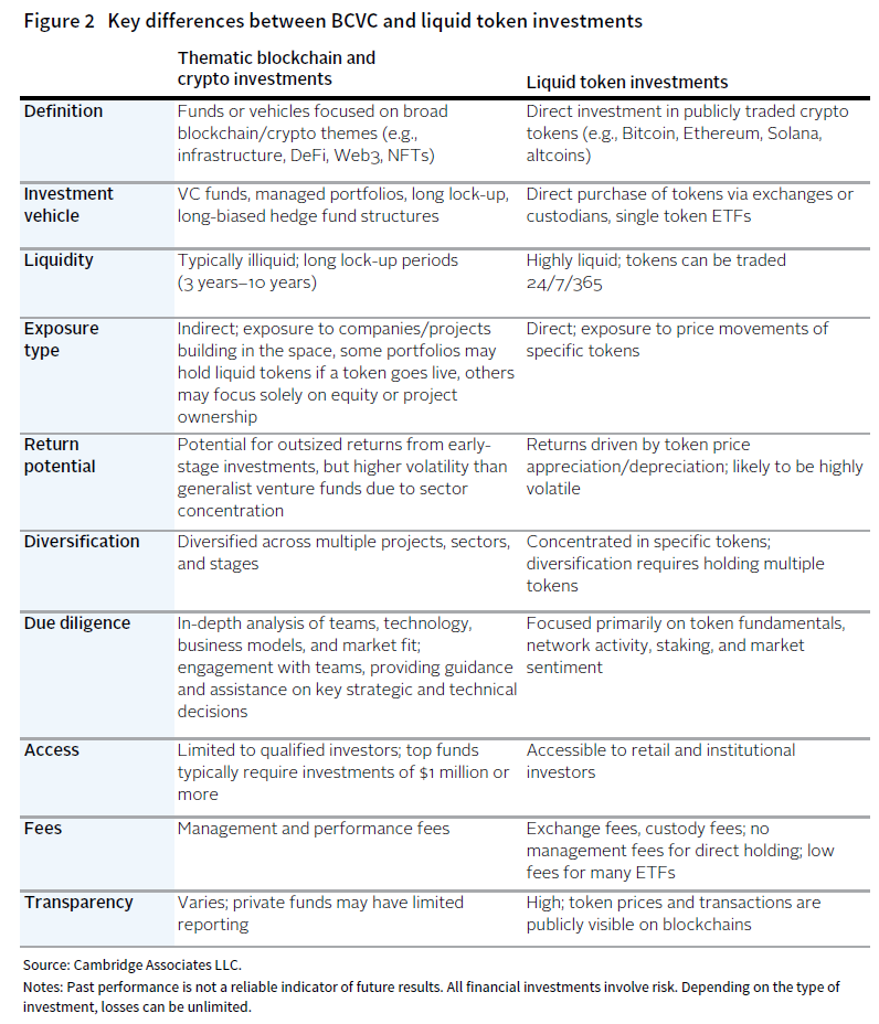 Table showing the key differences between BCVC and liquid token investments
