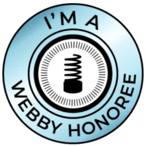Blue, white, and black badge saying "I'm a Webby Honoree" for 30th Annual Webby Awards